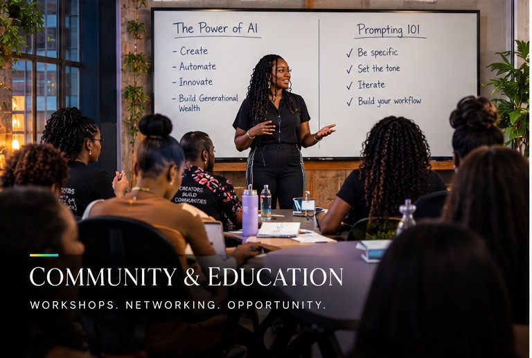 A Black woman teaching a generative AI workshop to a small diverse group of students in a modern classroom, with a presentation screen visible