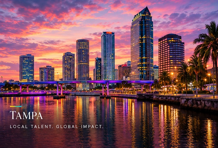 The Tampa skyline at sunset, reflected in the water