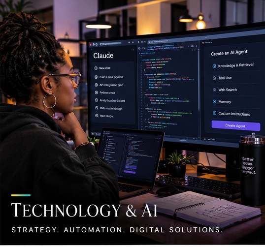 A Black woman working at a desk with multiple monitors showing generative AI tools and AI agent development interfaces